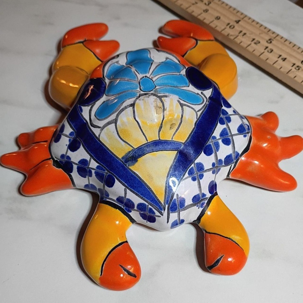 Mexican Talavera Pottery Crab Figurine Hand Painted Folk Art Orange Blue 7.5"